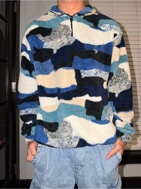 Urban Outfitters Blue, Black, White Patterned Fleece Zip-Up Hoodie